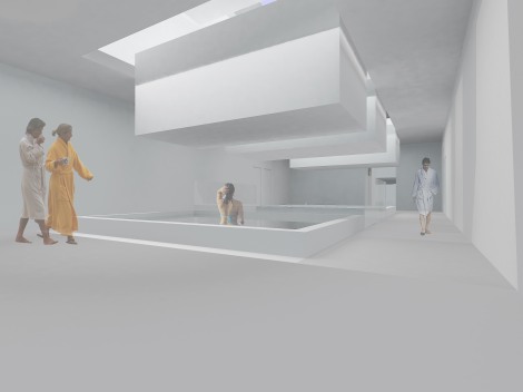 Ambiente del espacio interior destinado a los baños, conseguido por la alternancia de los cubos de agua y de luz.